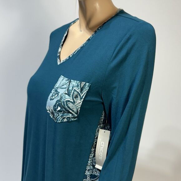 Chico's Women’s Pullover Long Sleeve Top Size 1 US M Teal Paisley V Neck NWT - Picture 3 of 8